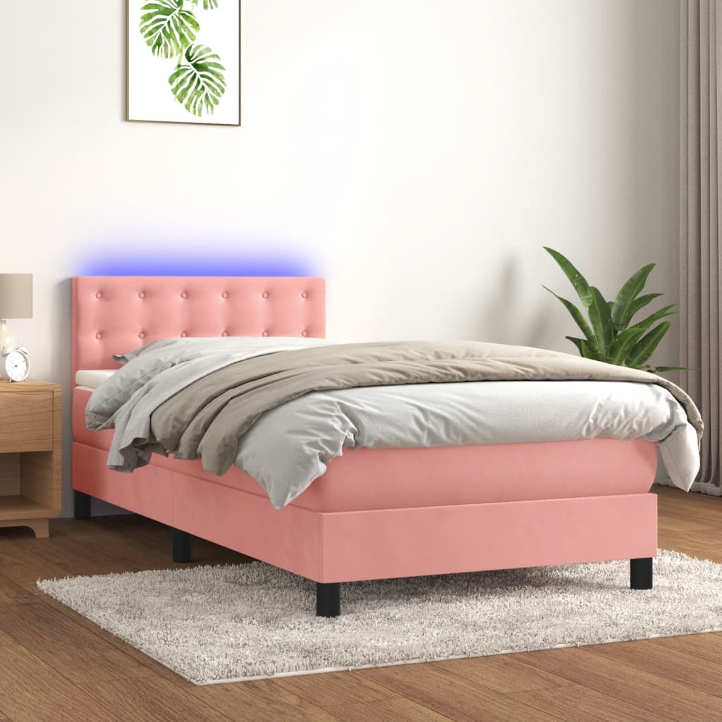 vidaXL Cama box spring colchón y LED terciopelo rosa 100x200 cm