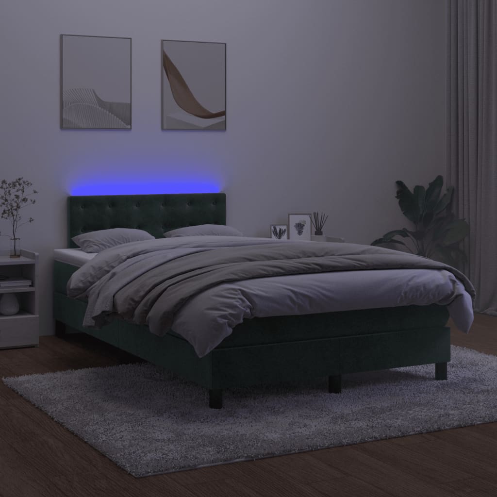 vidaXL Cama box spring colchón y LED terciopelo verde oscuro 120x200cm