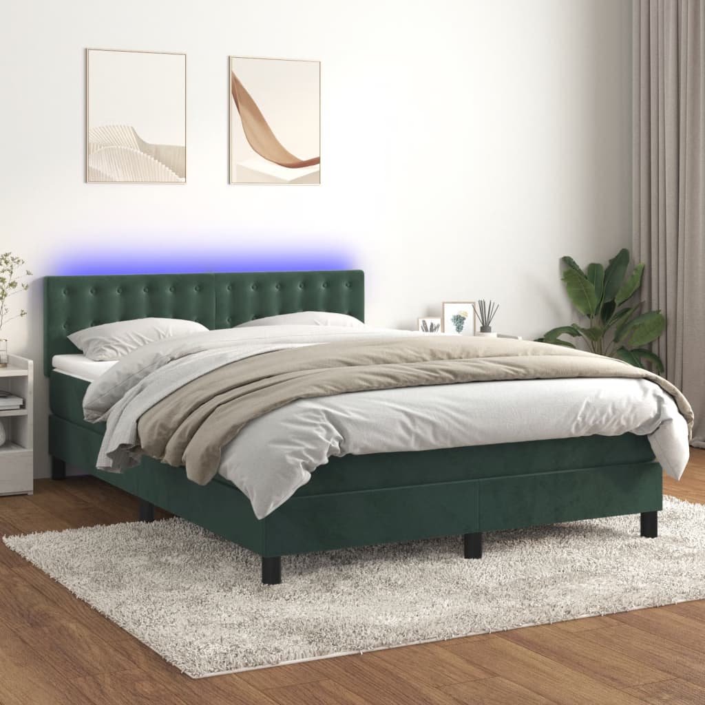 vidaXL Cama box spring colchón y LED terciopelo verde oscuro 140x200cm