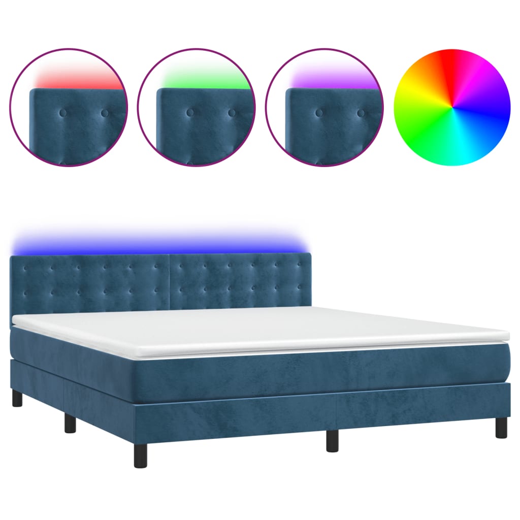 vidaXL Cama box spring colchón y LED terciopelo azul oscuro 180x200 cm