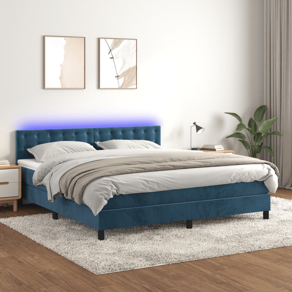 vidaXL Cama box spring colchón y LED terciopelo azul oscuro 180x200 cm