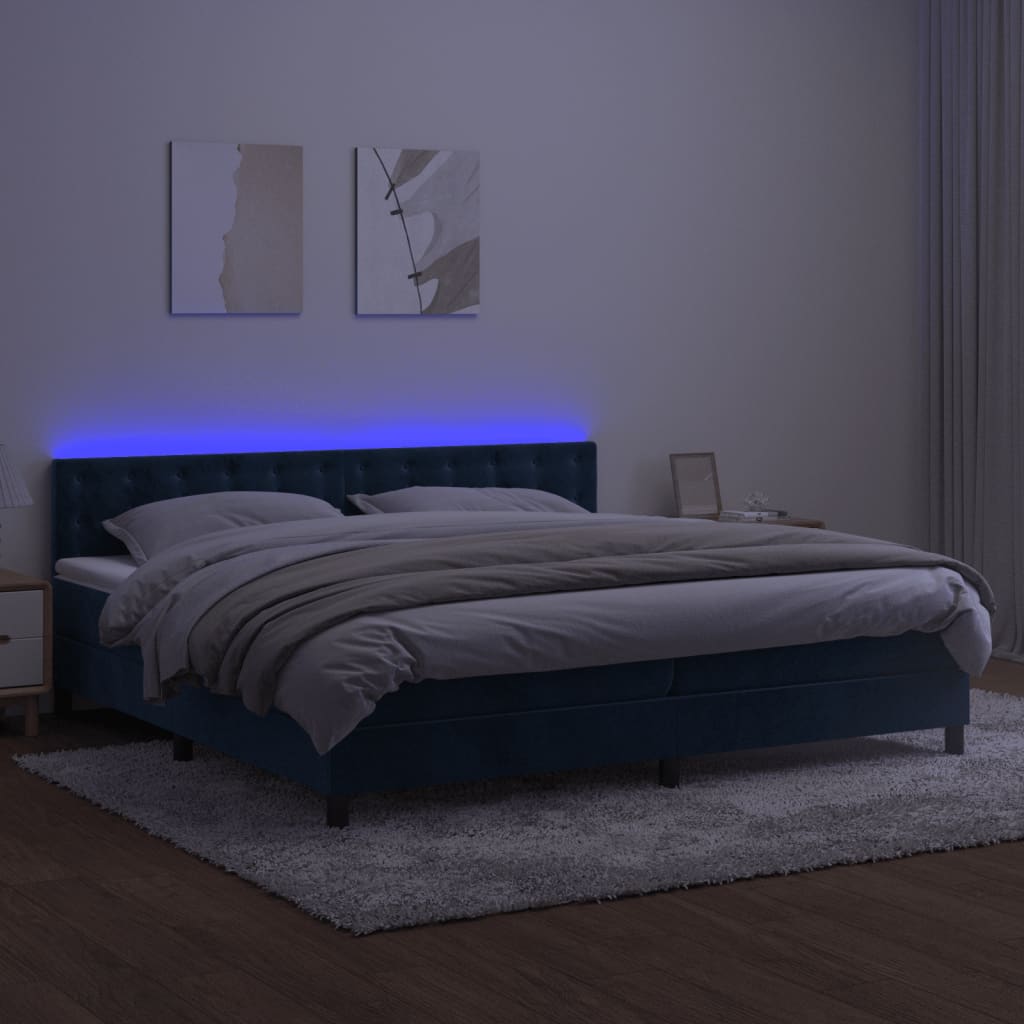 vidaXL Cama box spring colchón y LED terciopelo azul oscuro 200x200 cm