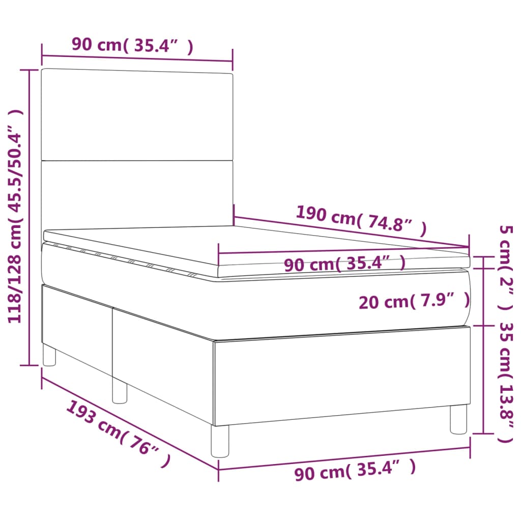 vidaXL Cama box spring colchón y luces LED tela gris oscuro 90x190 cm