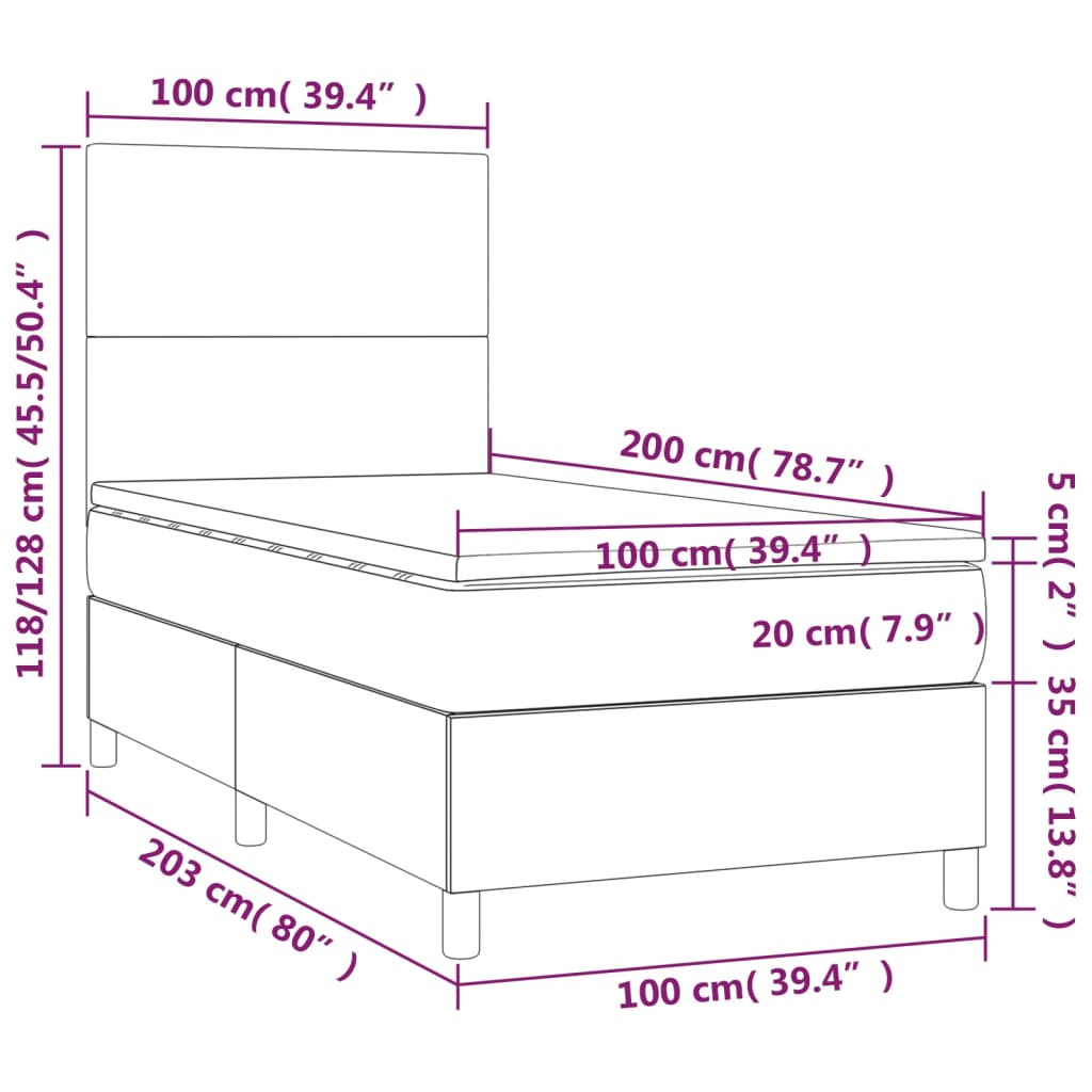 vidaXL Cama box spring colchón y luces LED tela gris oscuro 100x200 cm