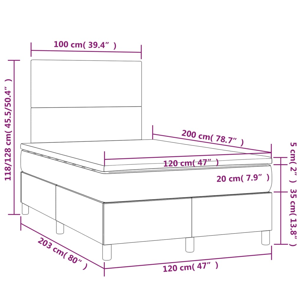 vidaXL Cama box spring con colchón y LED tela gris oscuro 120x200 cm