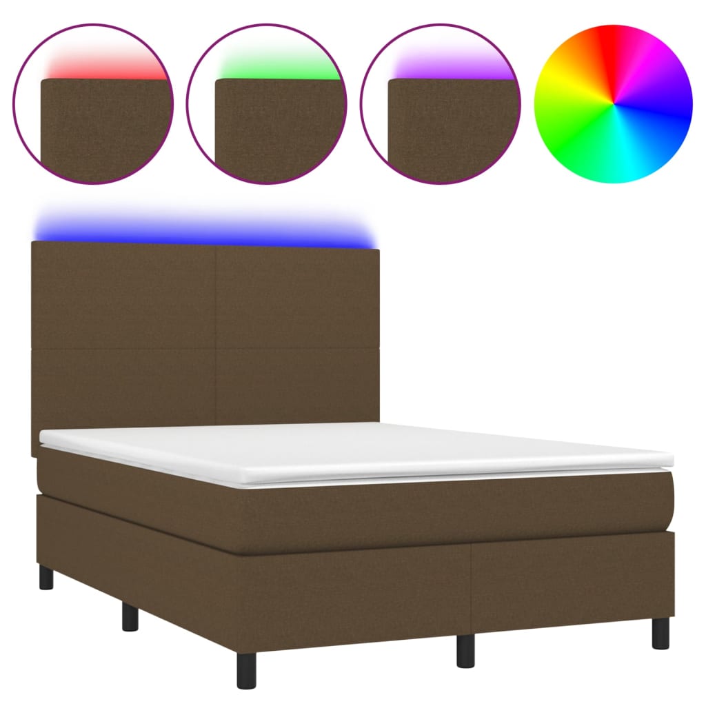 vidaXL Cama box spring colchón luces LED tela marrón oscuro 140x200cm