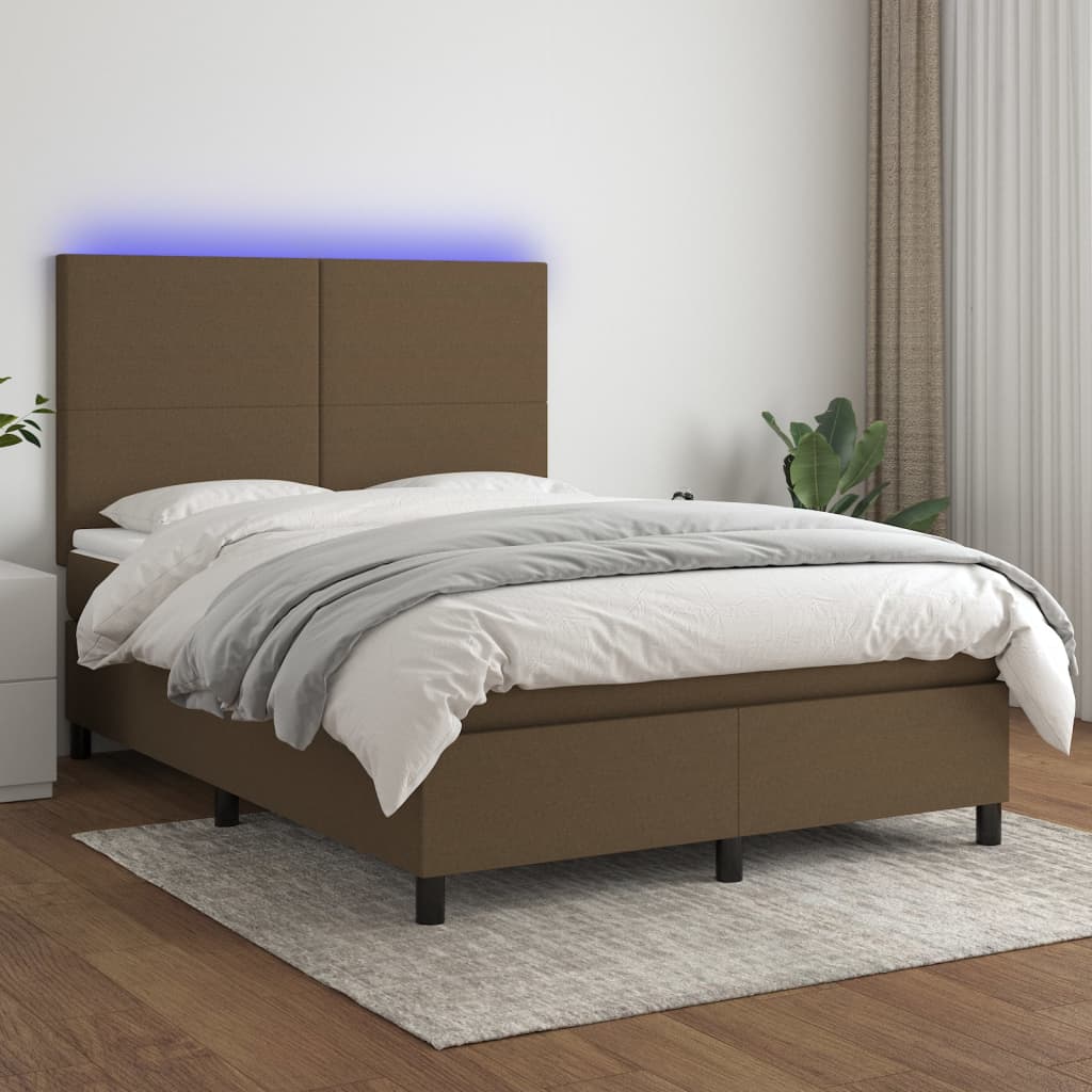 vidaXL Cama box spring colchón luces LED tela marrón oscuro 140x200cm