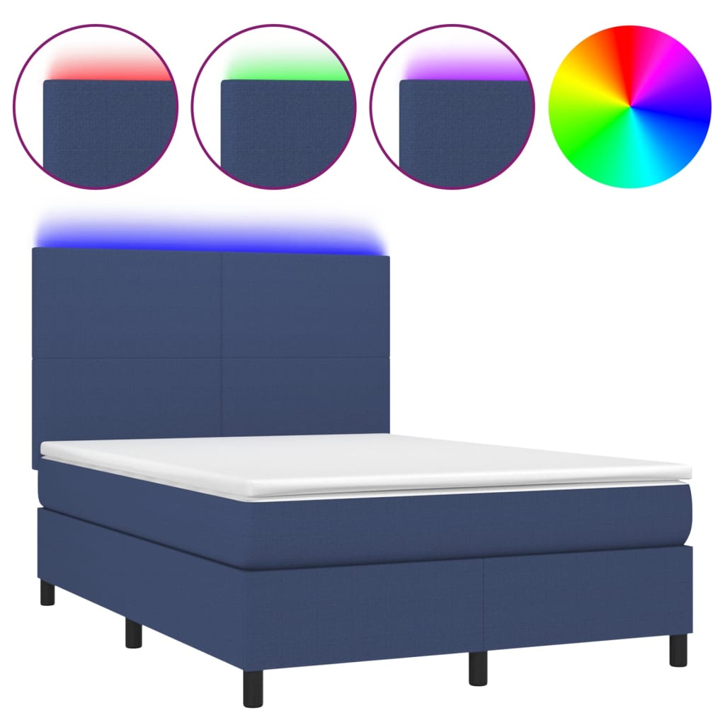 vidaXL Cama box spring colchón y luces LED tela azul 140x200 cm