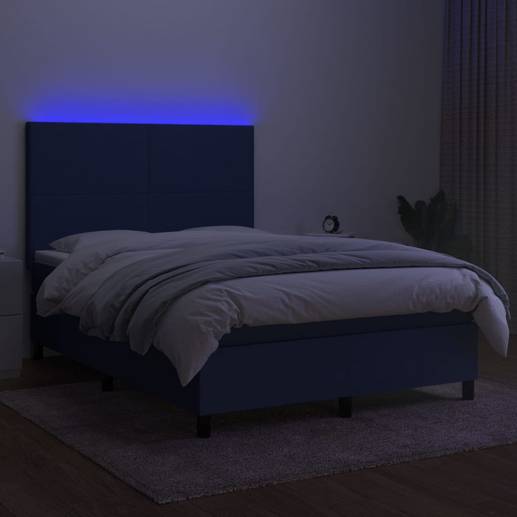 vidaXL Cama box spring colchón y luces LED tela azul 140x200 cm