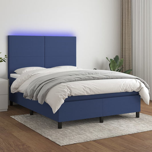 vidaXL Cama box spring colchón y luces LED tela azul 140x200 cm