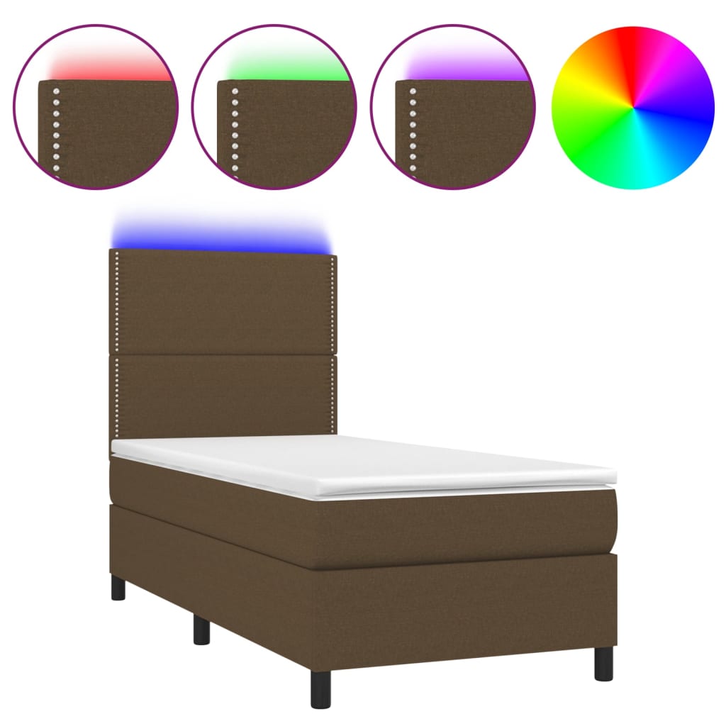 vidaXL Cama box spring colchón y luces LED tela marrón oscuro 80x200cm