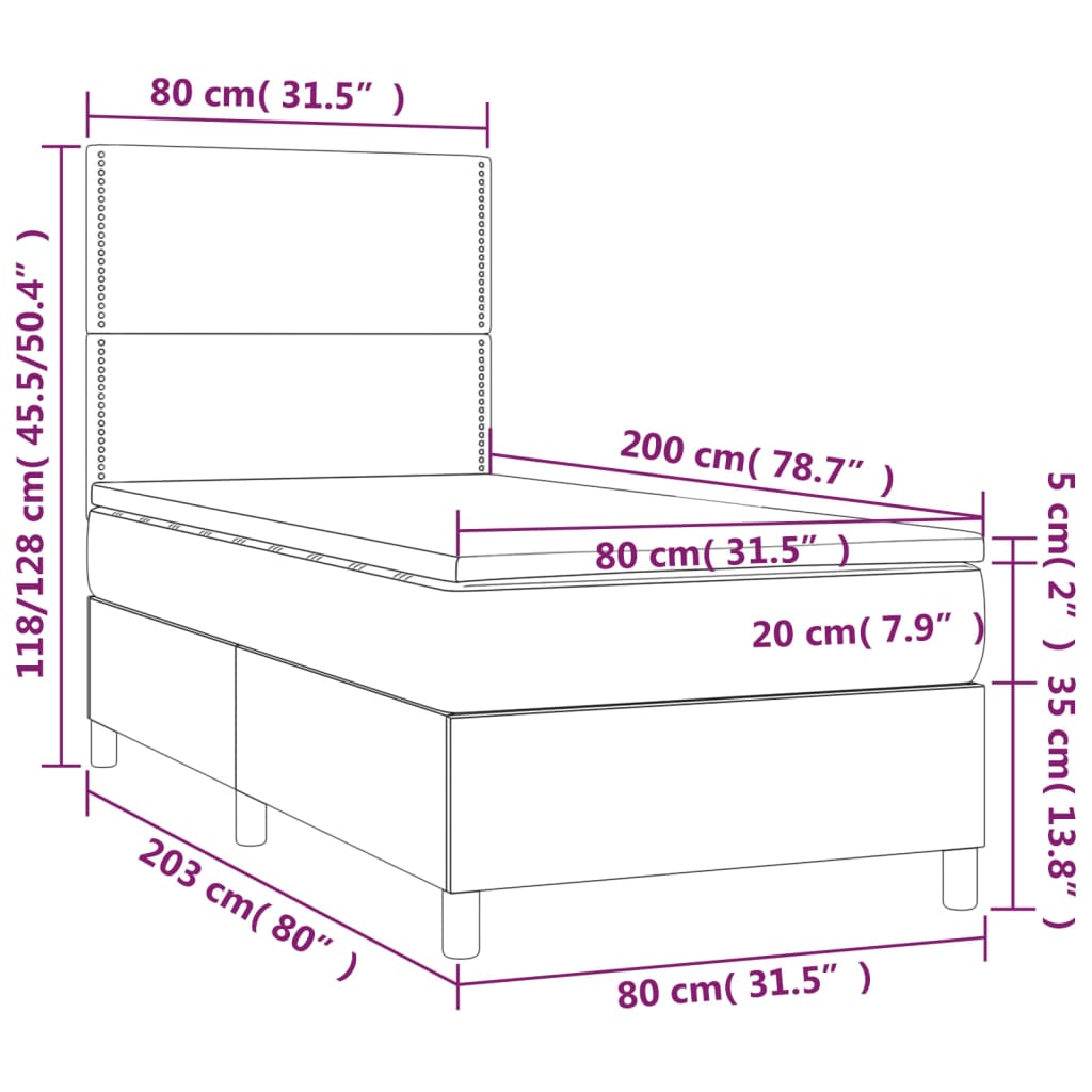 vidaXL Cama box spring colchón y luces LED tela marrón oscuro 80x200cm