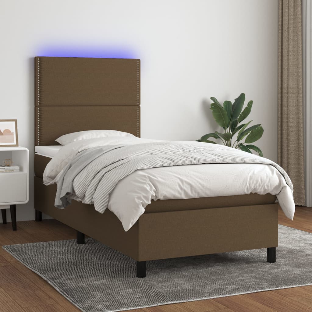 vidaXL Cama box spring colchón y luces LED tela marrón oscuro 80x200cm