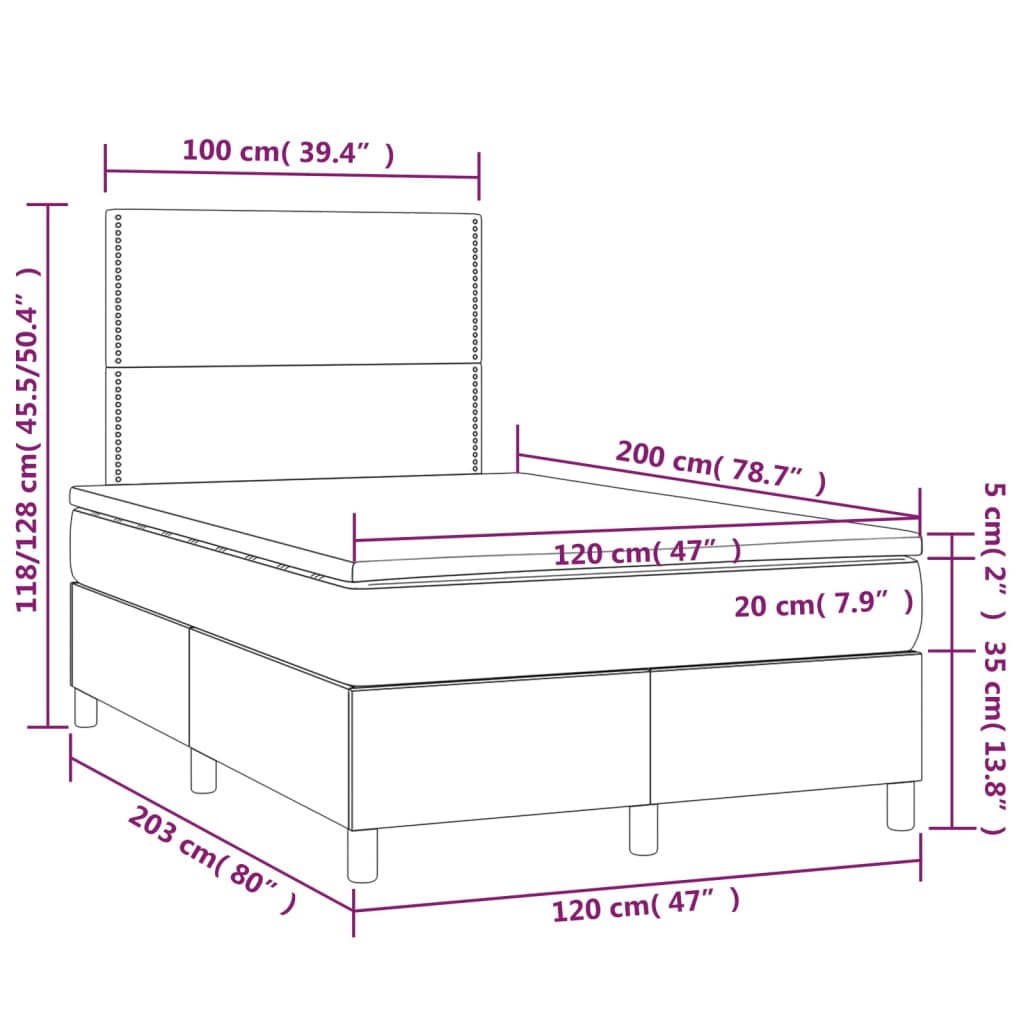 vidaXL Cama box spring con colchón y LED tela marrón oscuro 120x200 cm