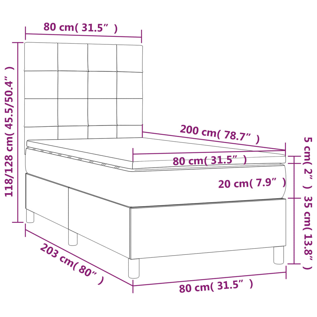 vidaXL Cama box spring colchón y luces LED tela negro 80x200 cm