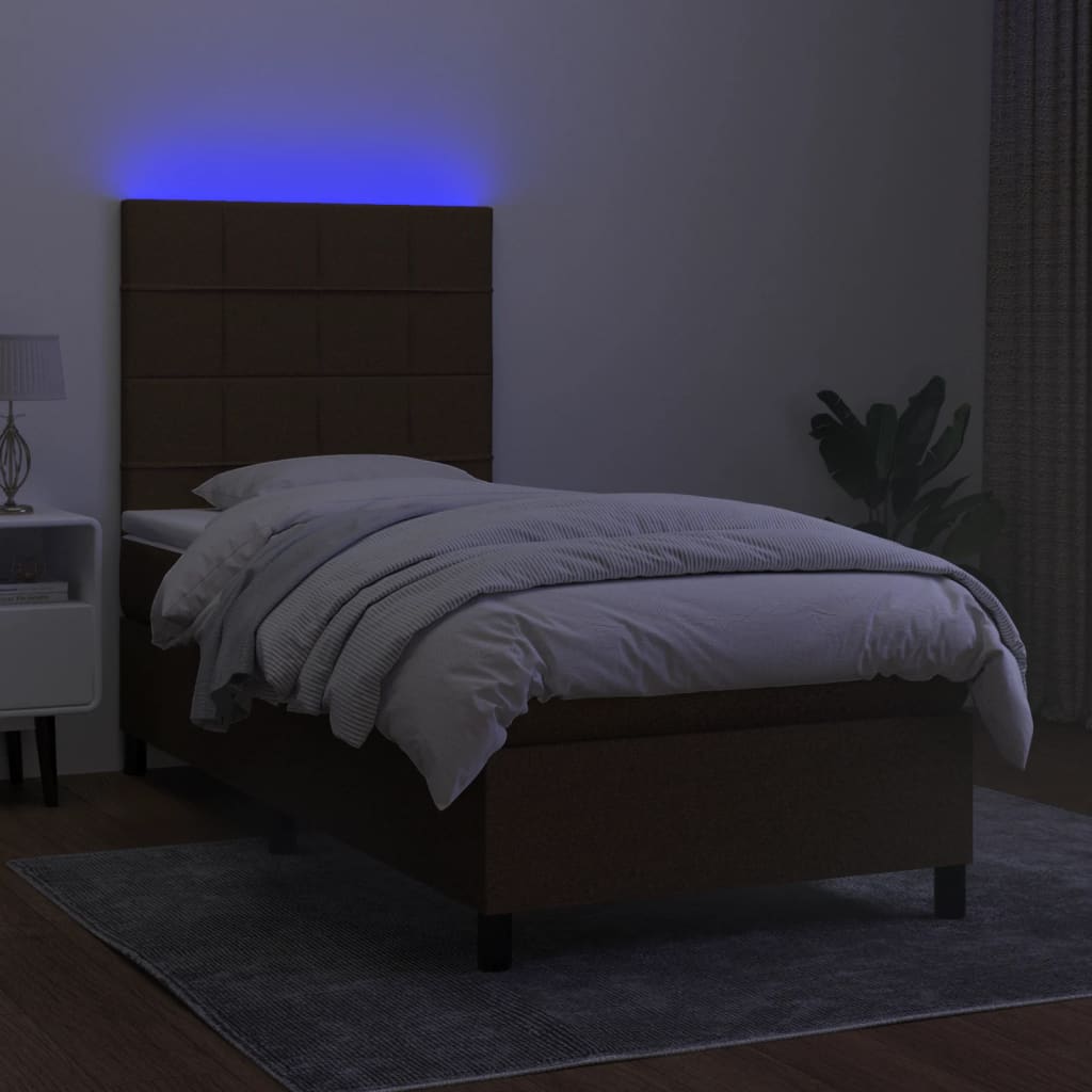 vidaXL Cama box spring colchón y luces LED tela marrón oscuro 90x190cm