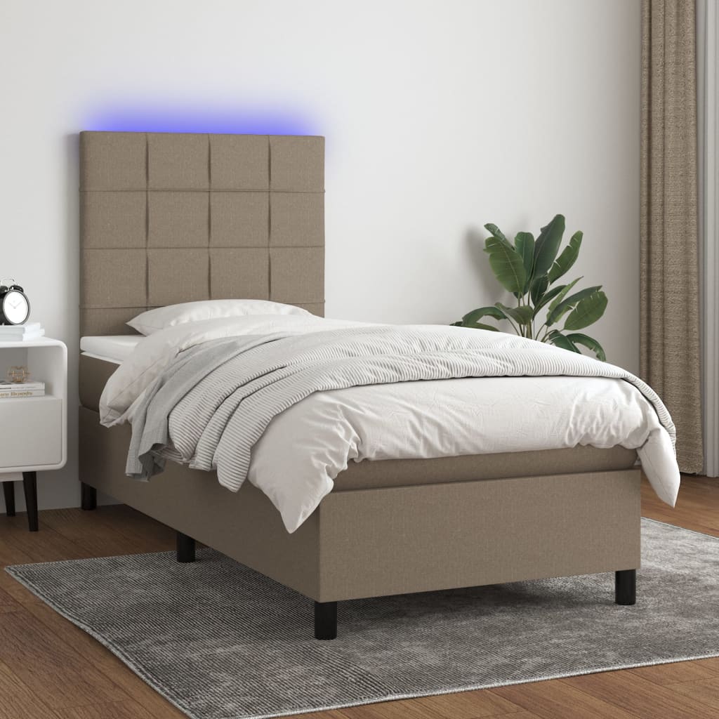 vidaXL Cama box spring colchón y luces LED tela gris taupe 90x190 cm