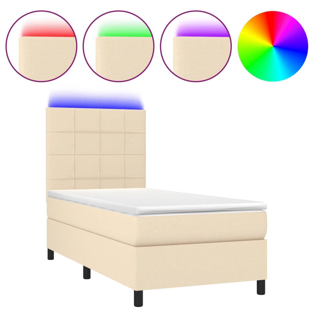 vidaXL Cama box spring colchón y luces LED tela color crema 90x190 cm