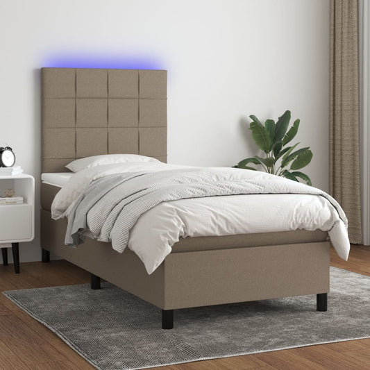 vidaXL Cama box spring colchón y luces LED tela gris taupe 90x200 cm