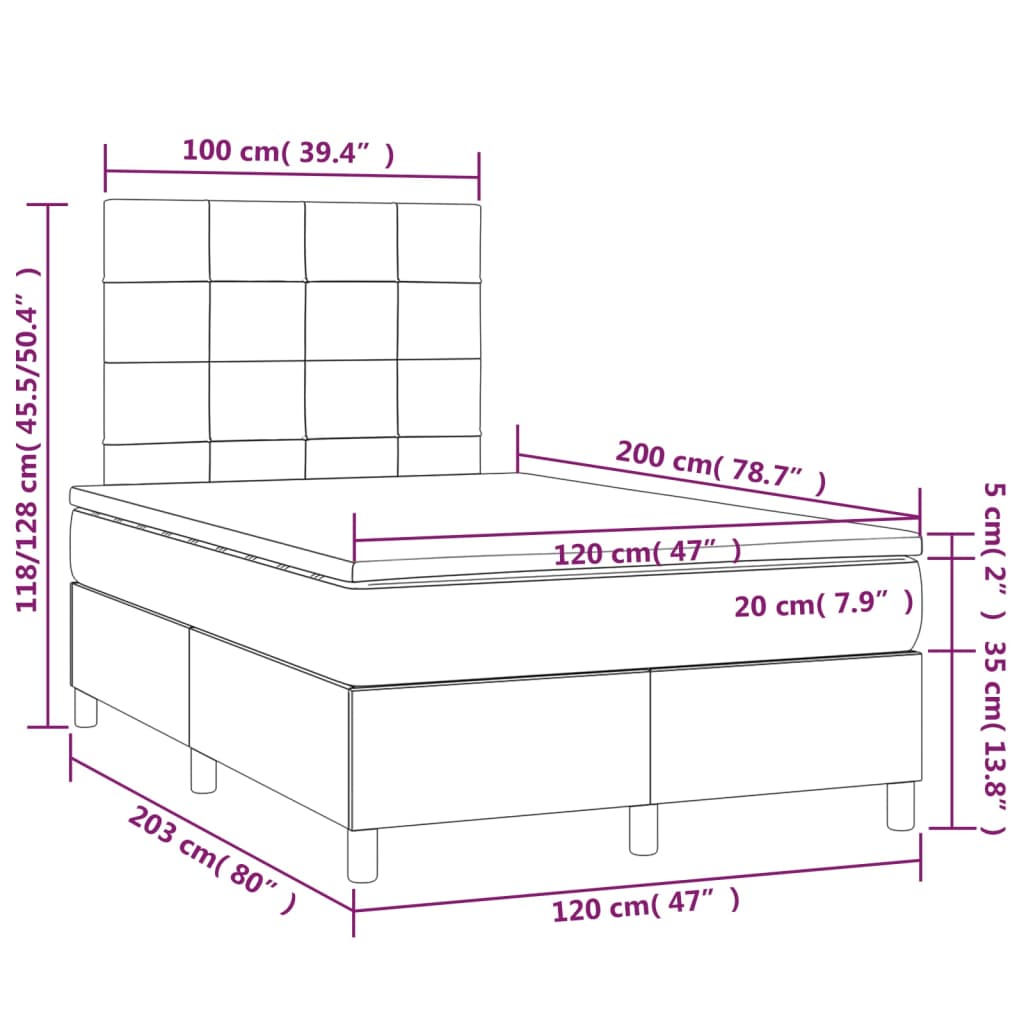 vidaXL Cama box spring con colchón tela y LED gris claro 120x200 cm