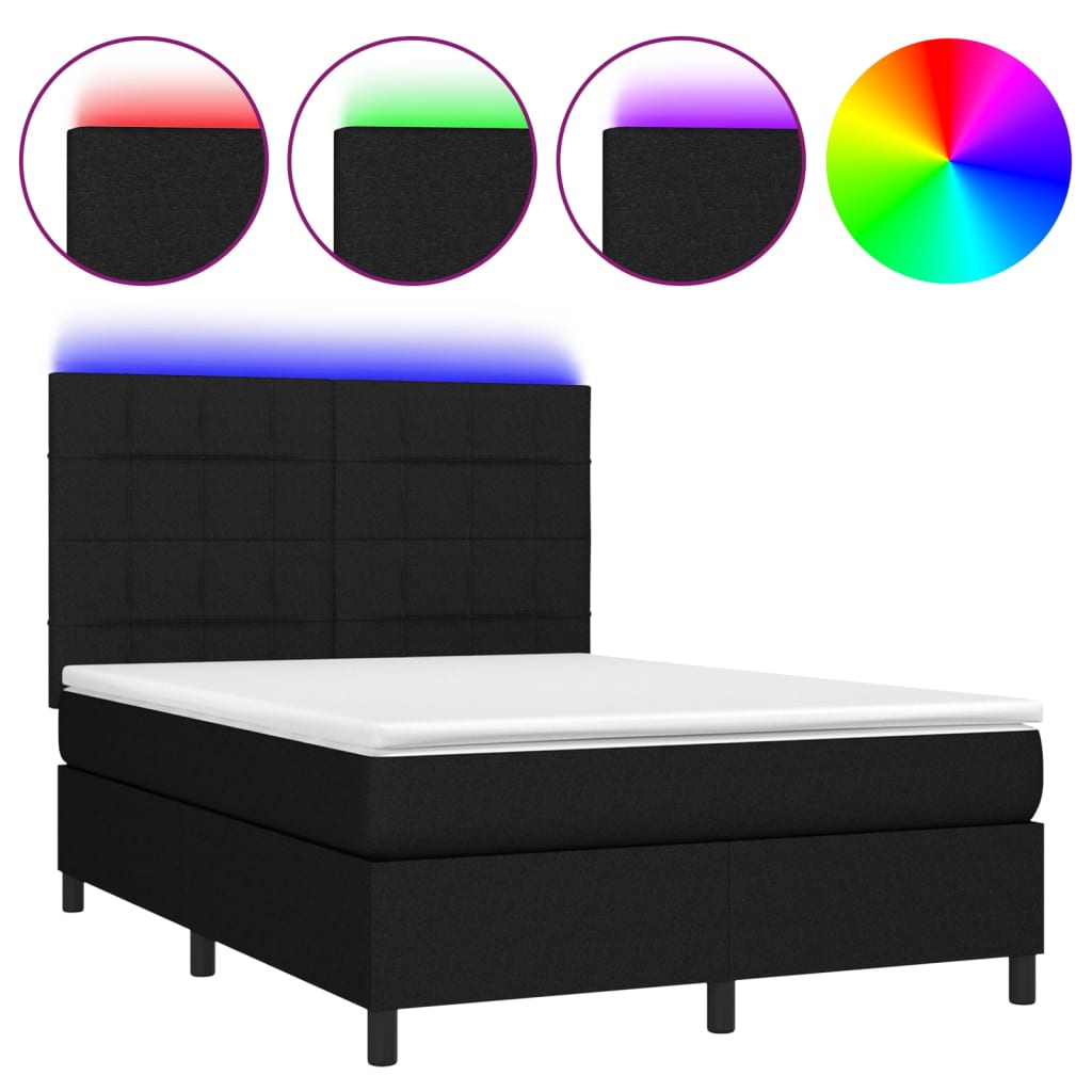 vidaXL Cama box spring colchón y luces LED tela negro 140x190 cm