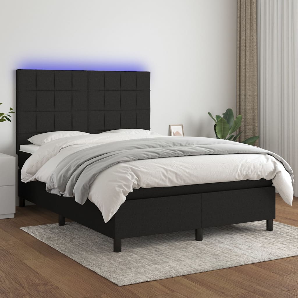 vidaXL Cama box spring colchón y luces LED tela negro 140x190 cm