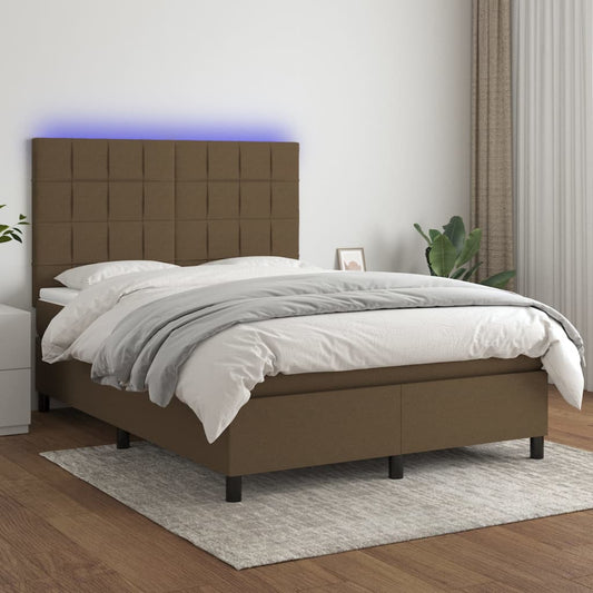 vidaXL Cama box spring colchón luces LED tela marrón oscuro 140x190 cm