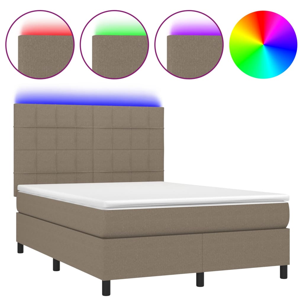 vidaXL Cama box spring colchón y luces LED tela gris taupe 140x190 cm