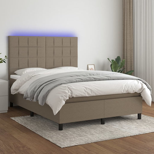 vidaXL Cama box spring colchón y luces LED tela gris taupe 140x190 cm