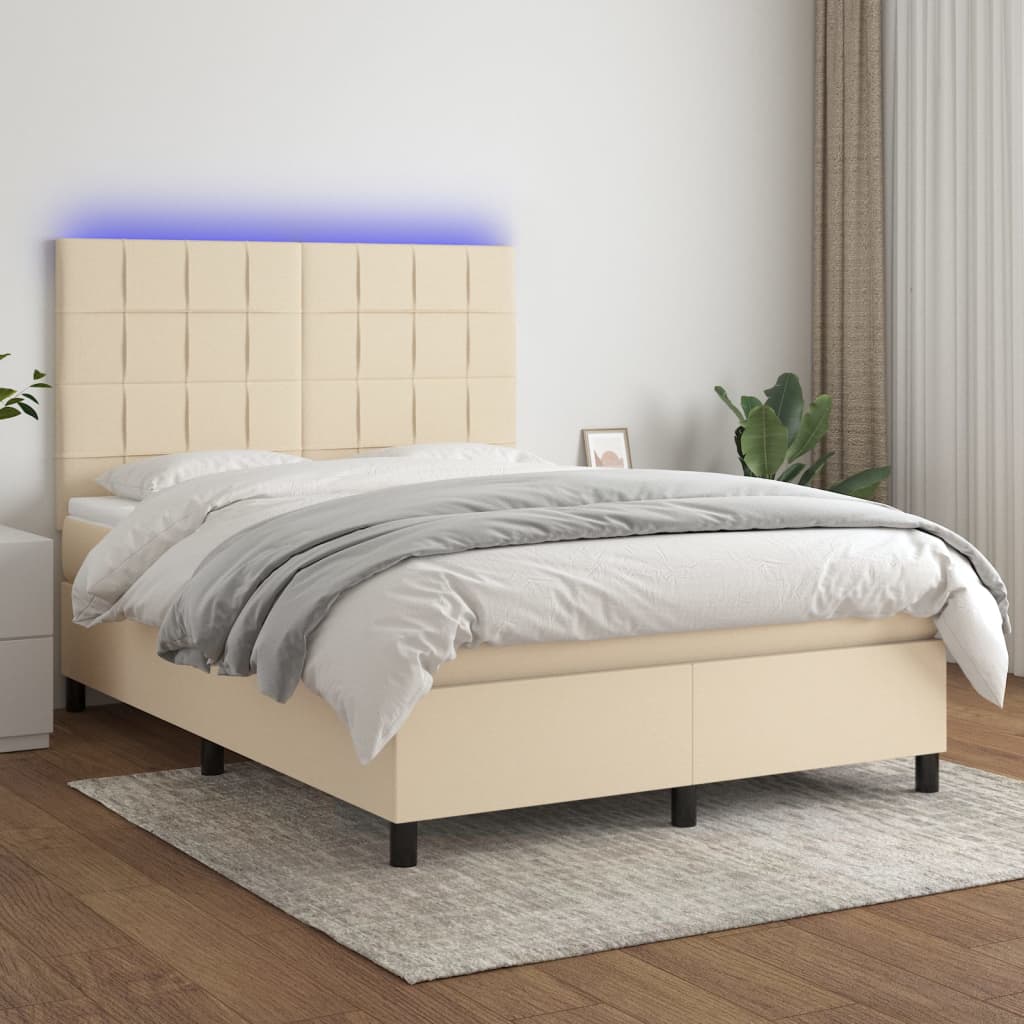 vidaXL Cama box spring colchón y luces LED tela crema 140x190 cm