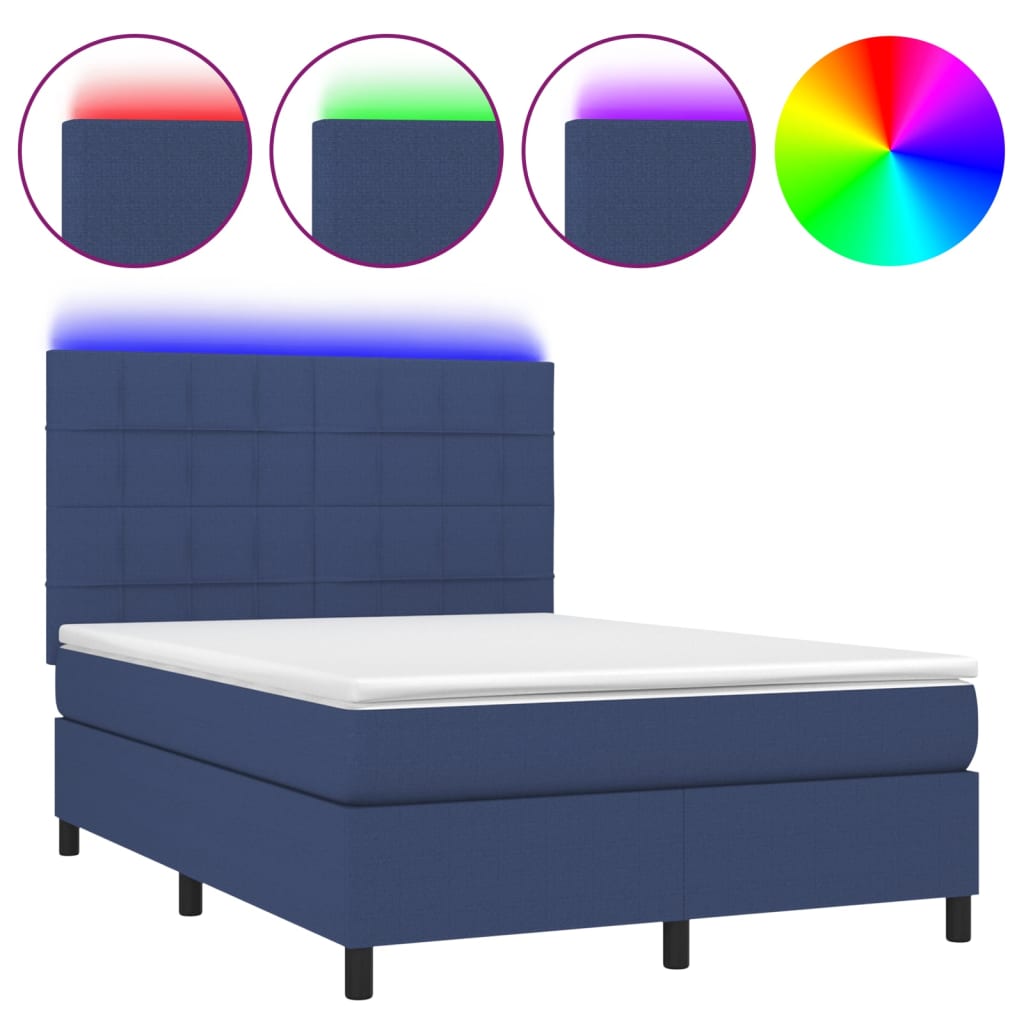 vidaXL Cama box spring colchón y luces LED tela azul 140x190 cm