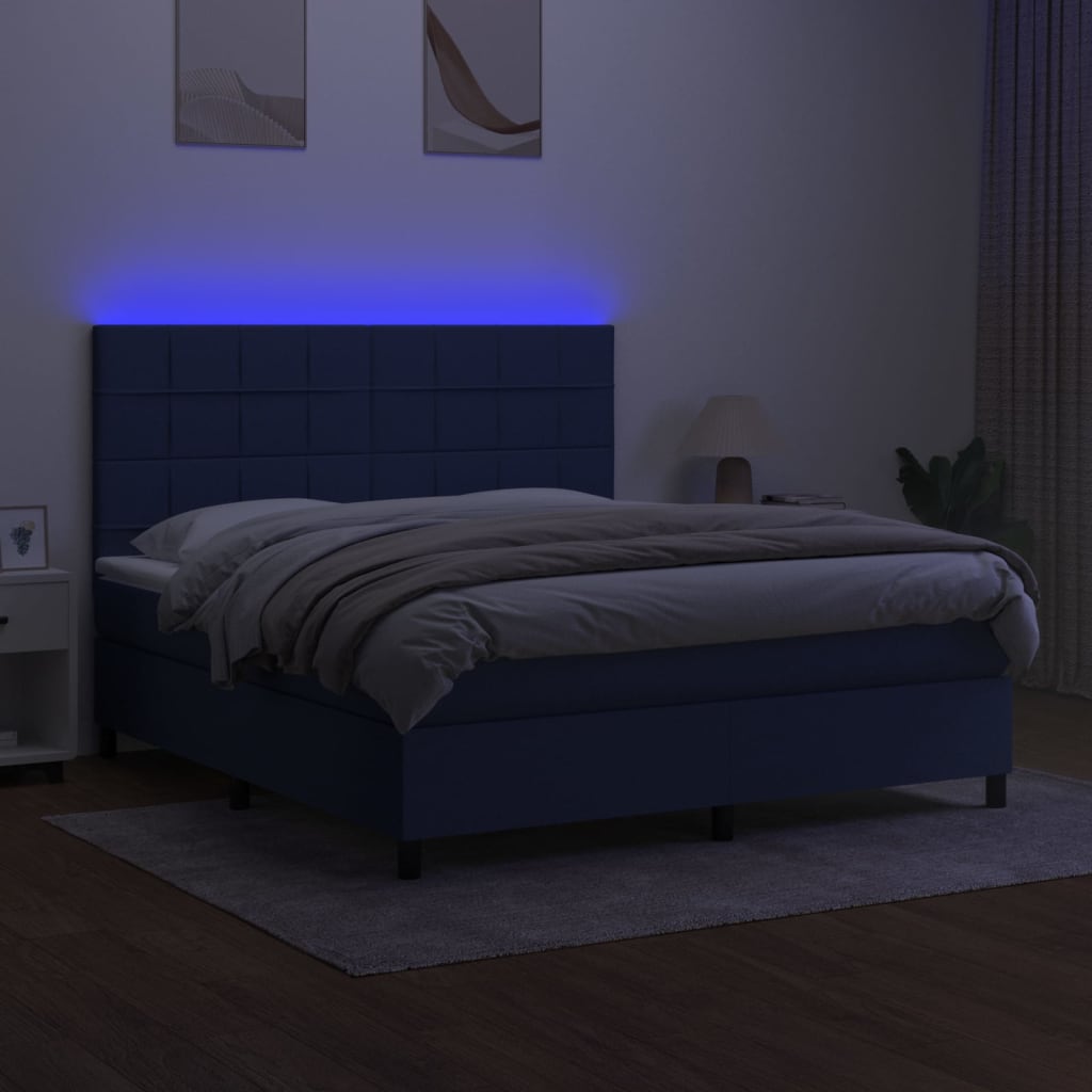 vidaXL Cama box spring colchón y luces LED tela azul 160x200 cm