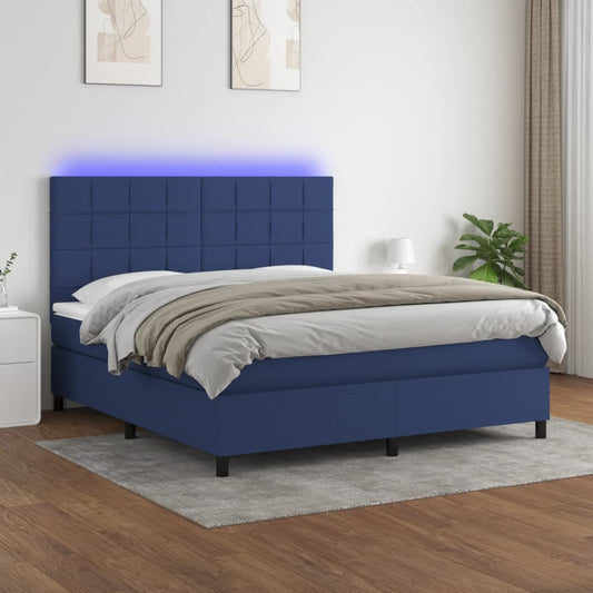 vidaXL Cama box spring colchón y luces LED tela azul 160x200 cm