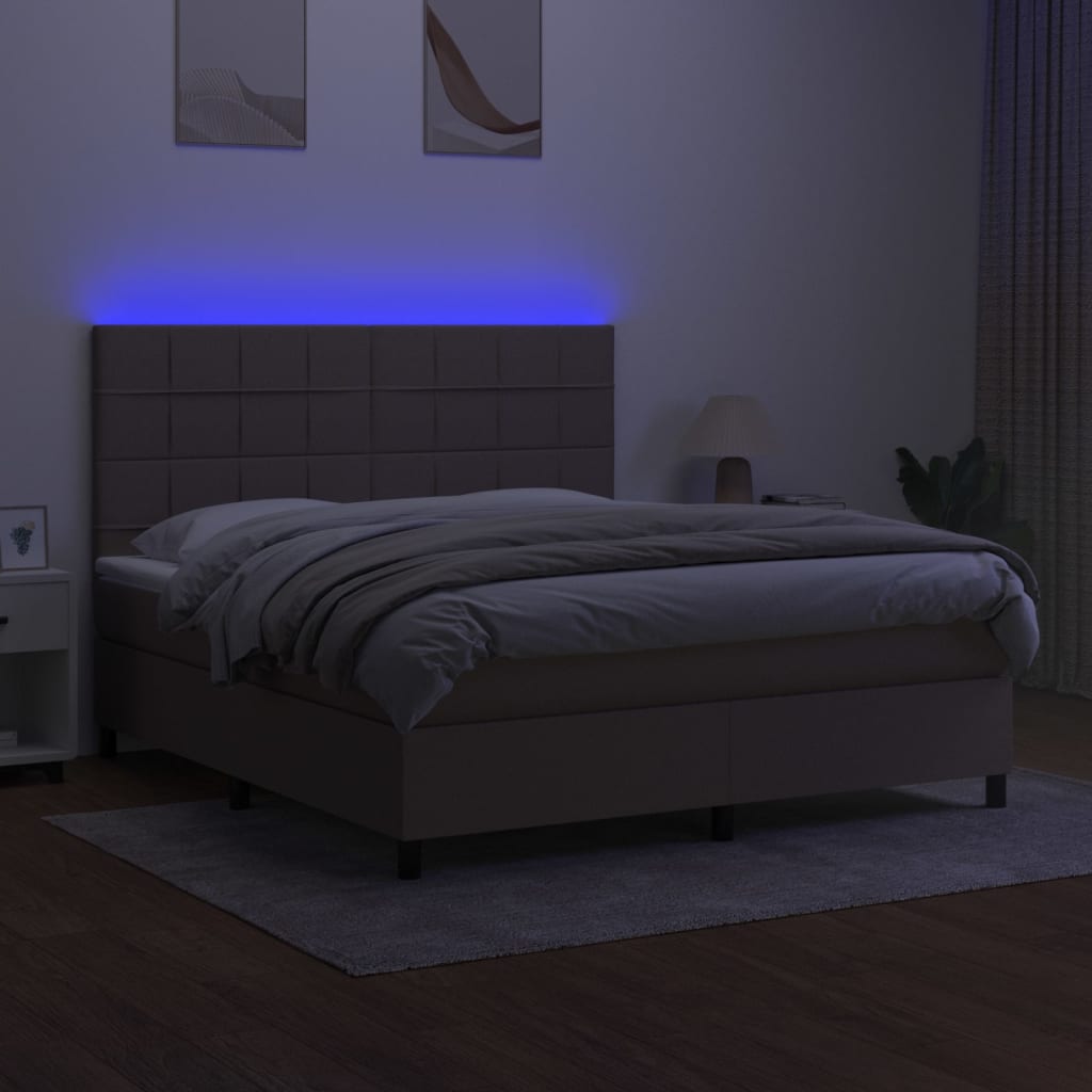 vidaXL Cama box spring colchón y luces LED tela gris taupe 180x200 cm