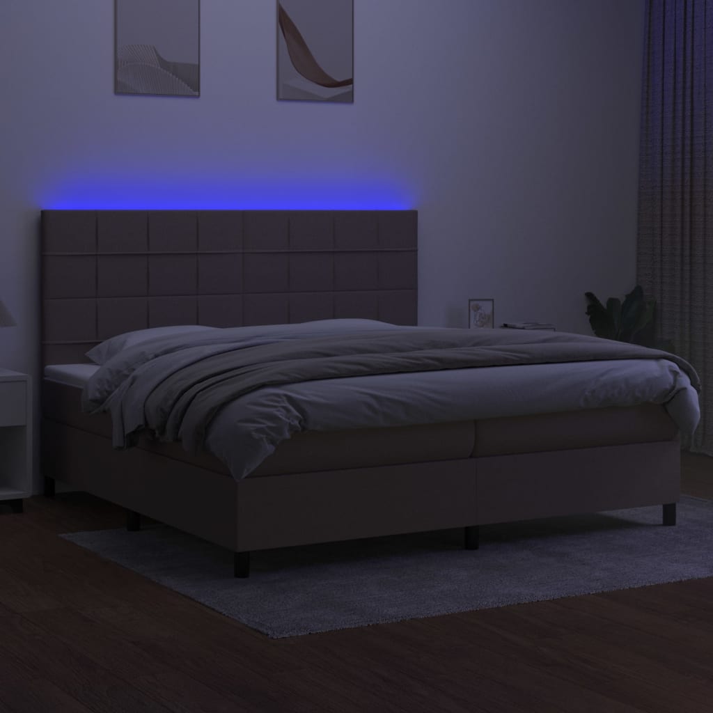 vidaXL Cama box spring colchón y luces LED tela gris taupe 200x200 cm