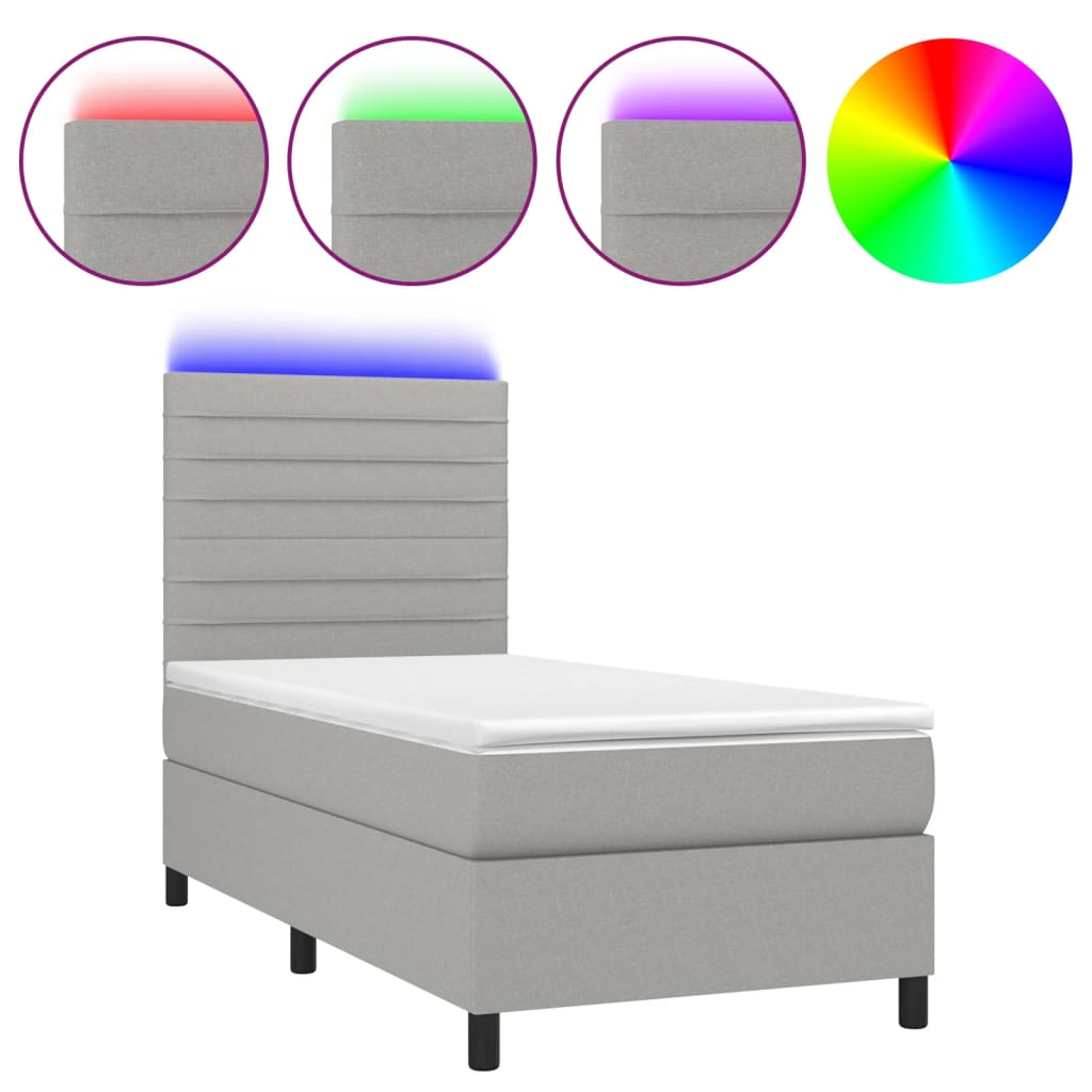 vidaXL Cama box spring colchón y luces LED tela gris claro 90x190 cm