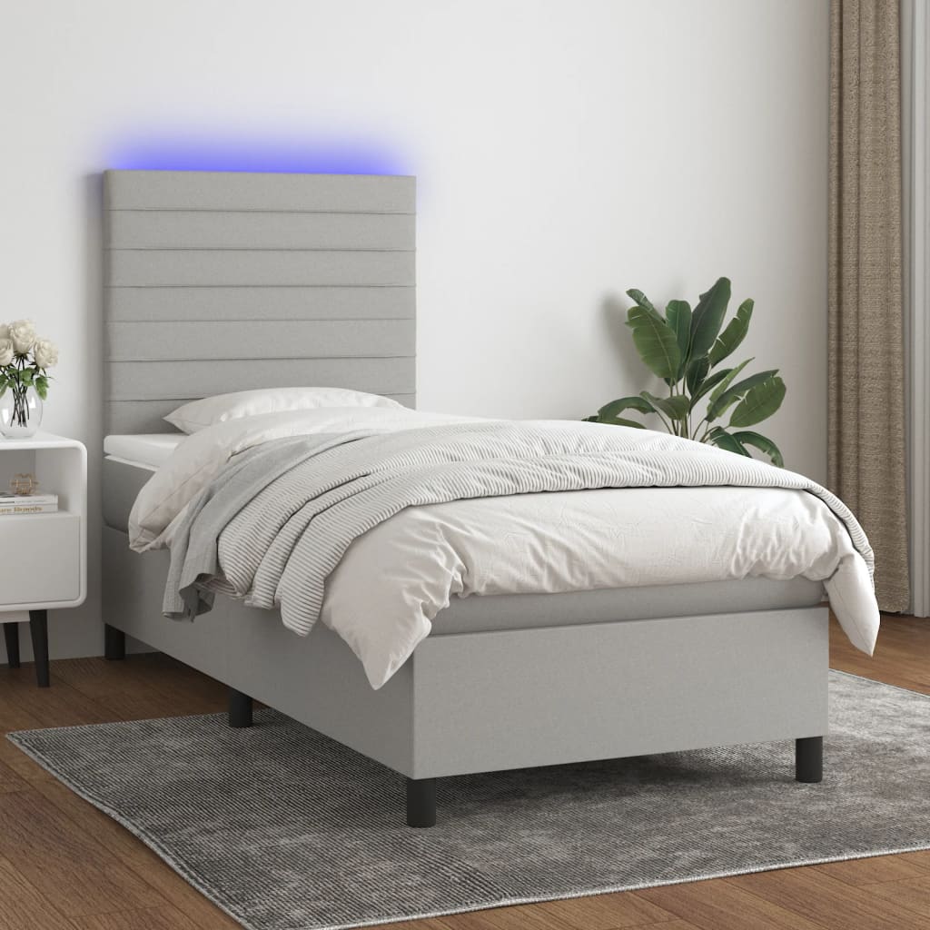 vidaXL Cama box spring colchón y luces LED tela gris claro 90x190 cm