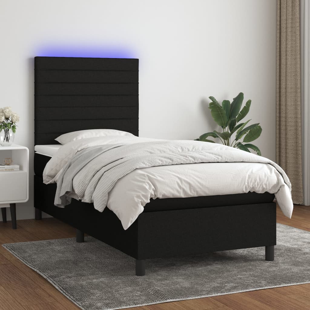 vidaXL Cama box spring colchón y luces LED tela negro 90x190 cm