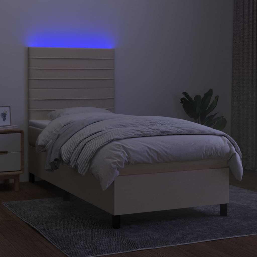 vidaXL Cama box spring colchón y luces LED tela crema 100x200 cm