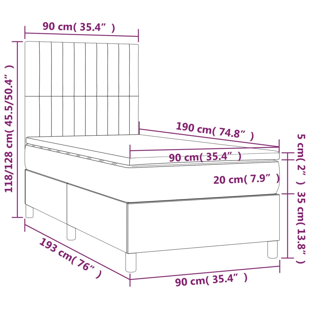 vidaXL Cama box spring colchón y luces LED tela gris claro 90x190 cm