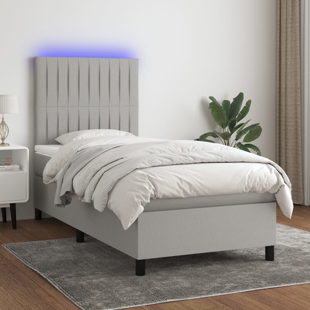 vidaXL Cama box spring colchón y luces LED tela gris claro 90x190 cm