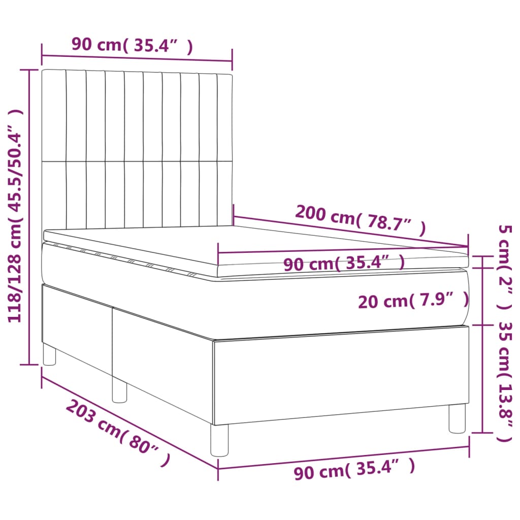 vidaXL Cama box spring colchón y luces LED tela marrón oscuro 90x200cm