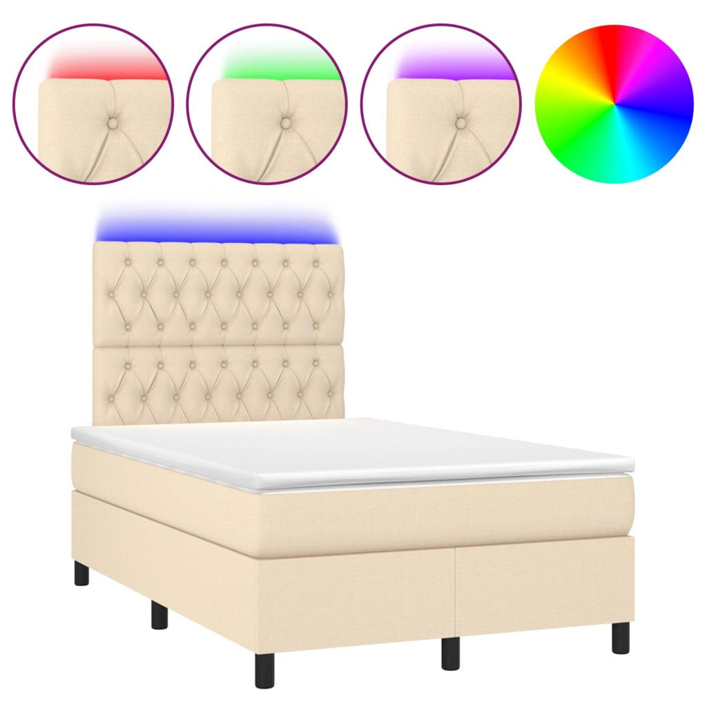 vidaXL Cama box spring con colchón y LED tela crema 120x200 cm