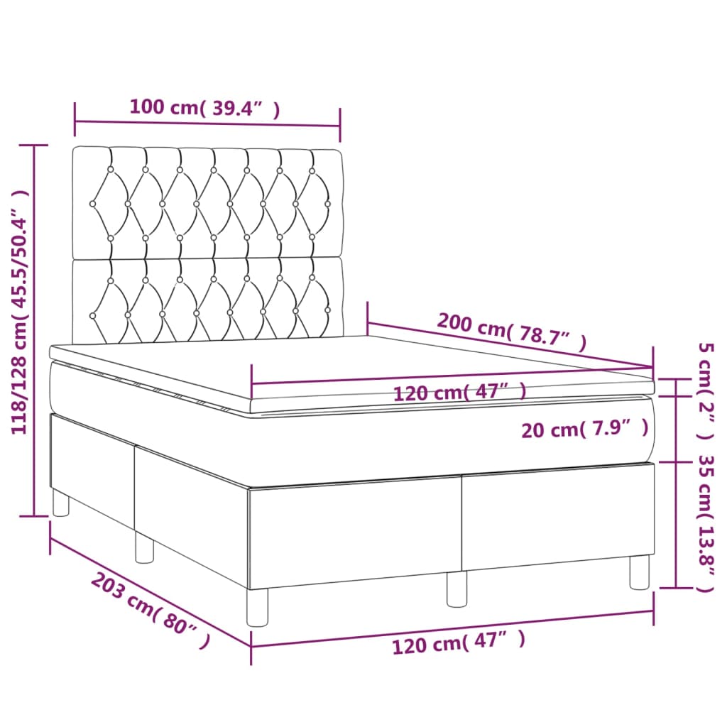 vidaXL Cama box spring con colchón y LED tela crema 120x200 cm