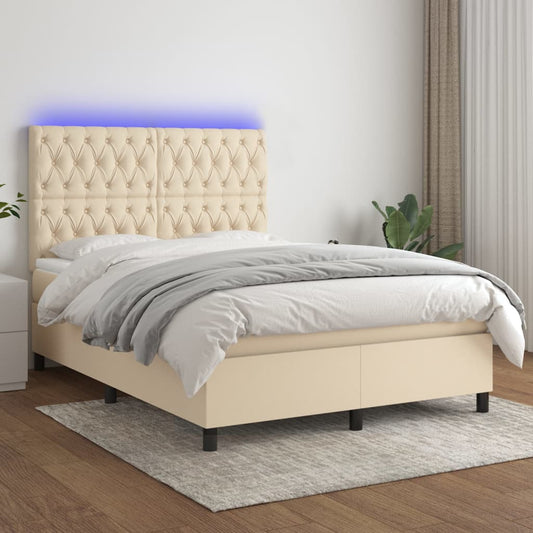 vidaXL Cama box spring colchón y luces LED tela crema 140x200 cm