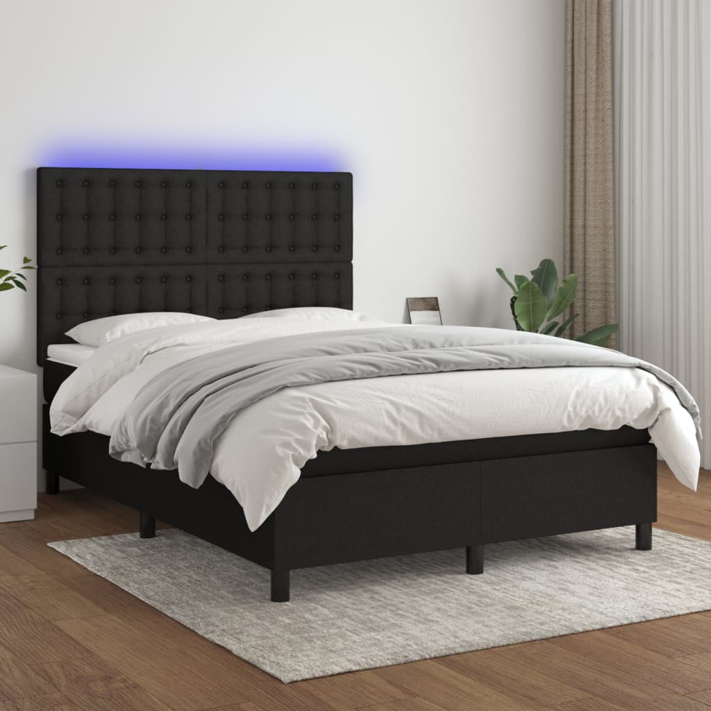 vidaXL Cama box spring colchón y luces LED tela negro 140x200 cm