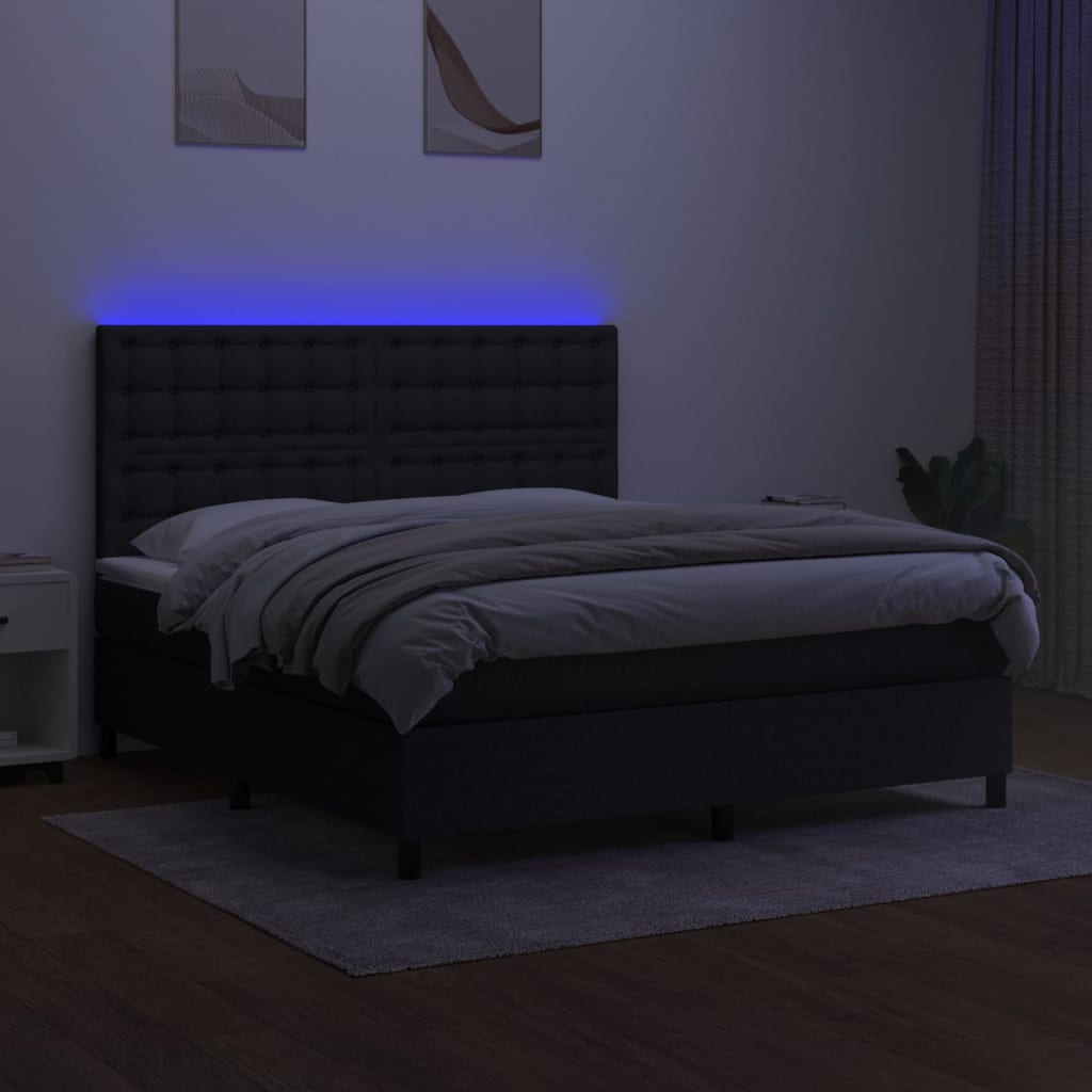 vidaXL Cama box spring colchón y luces LED tela negro 160x200 cm