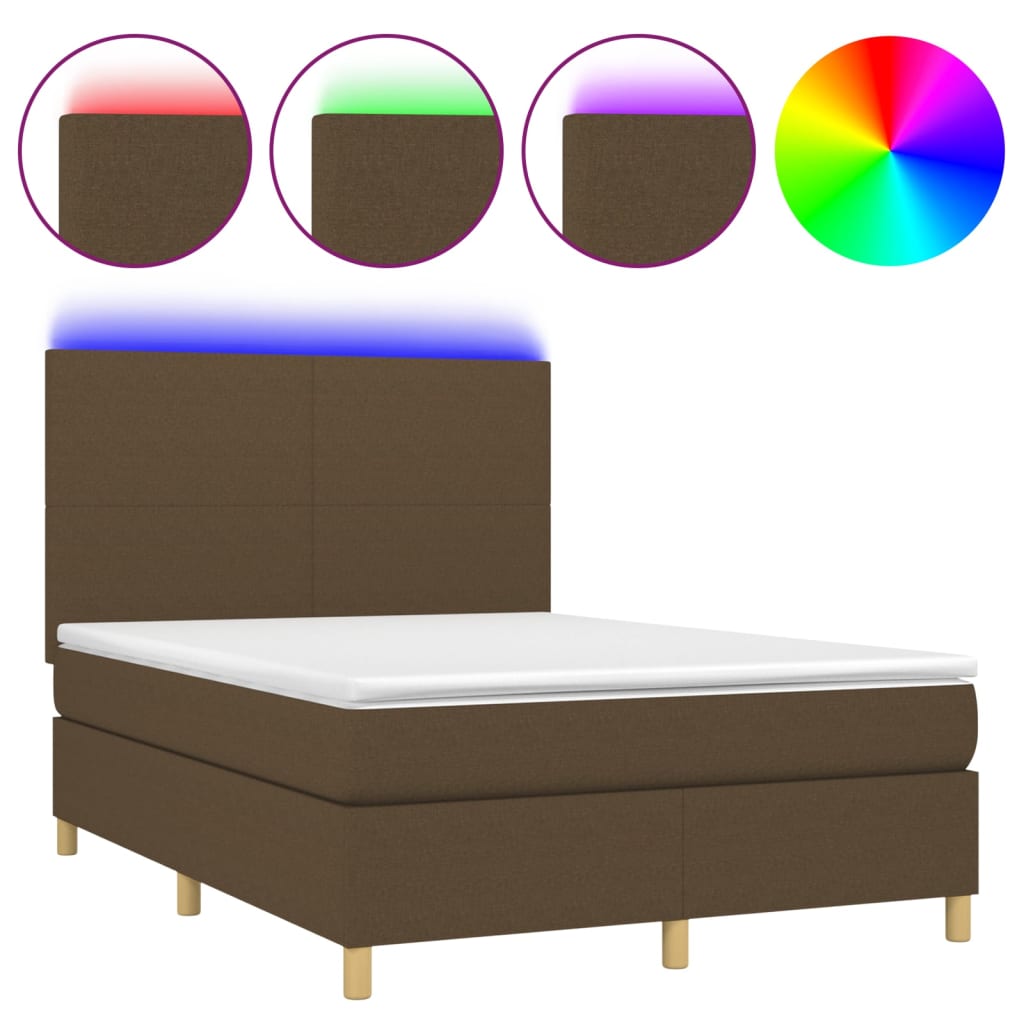 vidaXL Cama box spring colchón luces LED tela marrón oscuro 140x190 cm