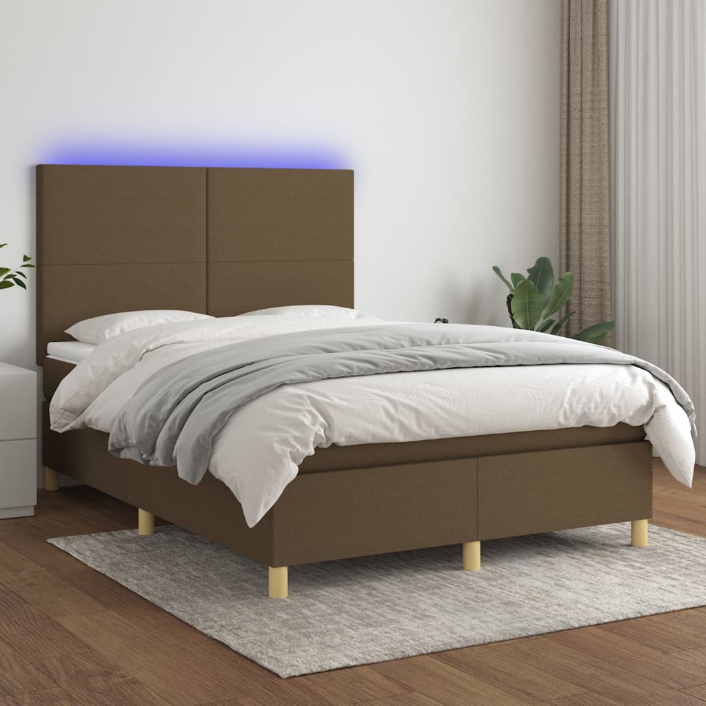 vidaXL Cama box spring colchón luces LED tela marrón oscuro 140x190 cm