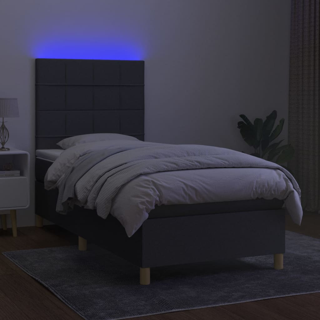 vidaXL Cama box spring colchón y luces LED tela gris oscuro 90x190 cm